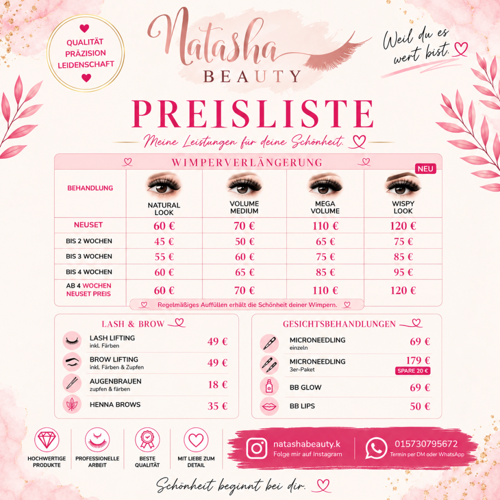 Natasha Beauty Preisliste für Wimpernverlängerung, Lashlifting, Browlifting, Microneedling und BB Glow mit aktuellen Preisen.